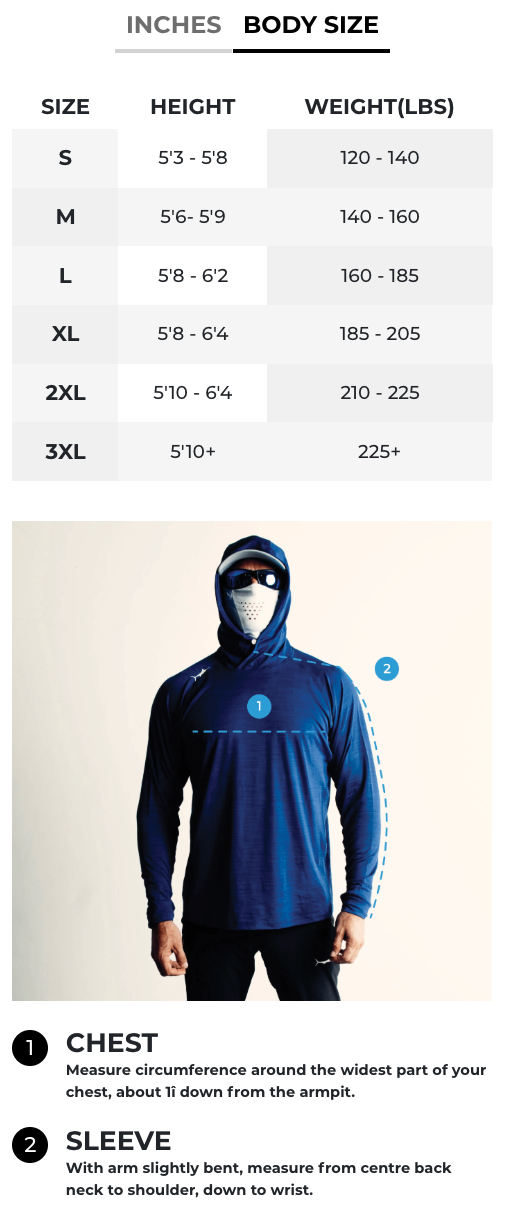 BILLFISH GEAR BILLFISH GEAR BILLFISHER HOODED LONG SLEEVE MEASURE CHART PUERTO RICO Y CARIBE