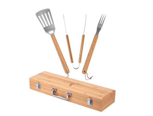 3-Piece BBQ Grill Utensil Set with Bamboo Case