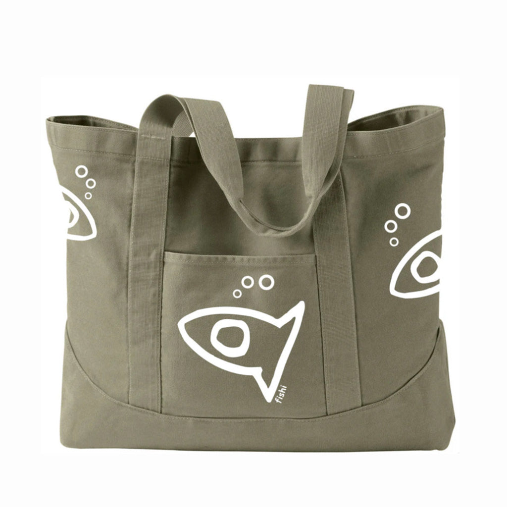 FISHI LARGE BEACH CANVAS TOTE KHAKI GREEN PUERTO RICO Y CARIBE
